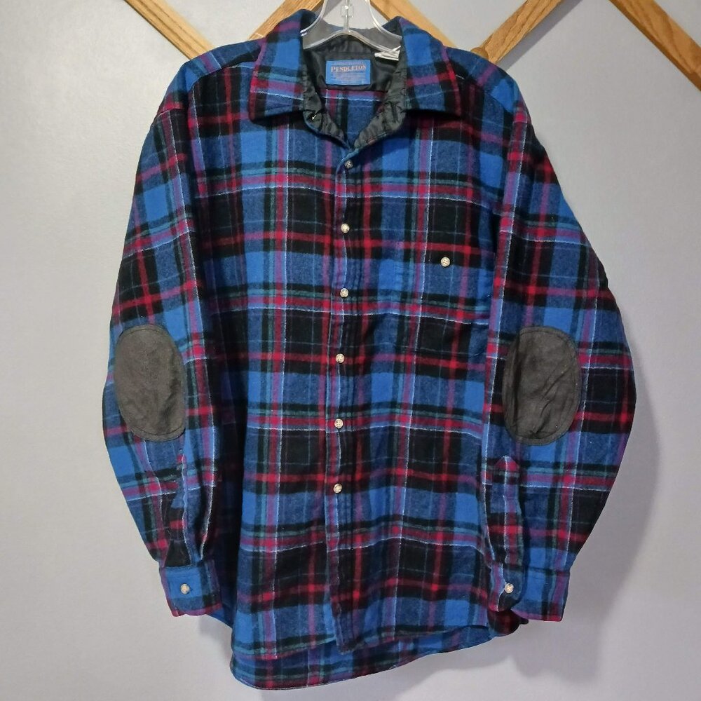 Pendleton Plaid Button Down Wool Trail Shirt Elbow Patches XL